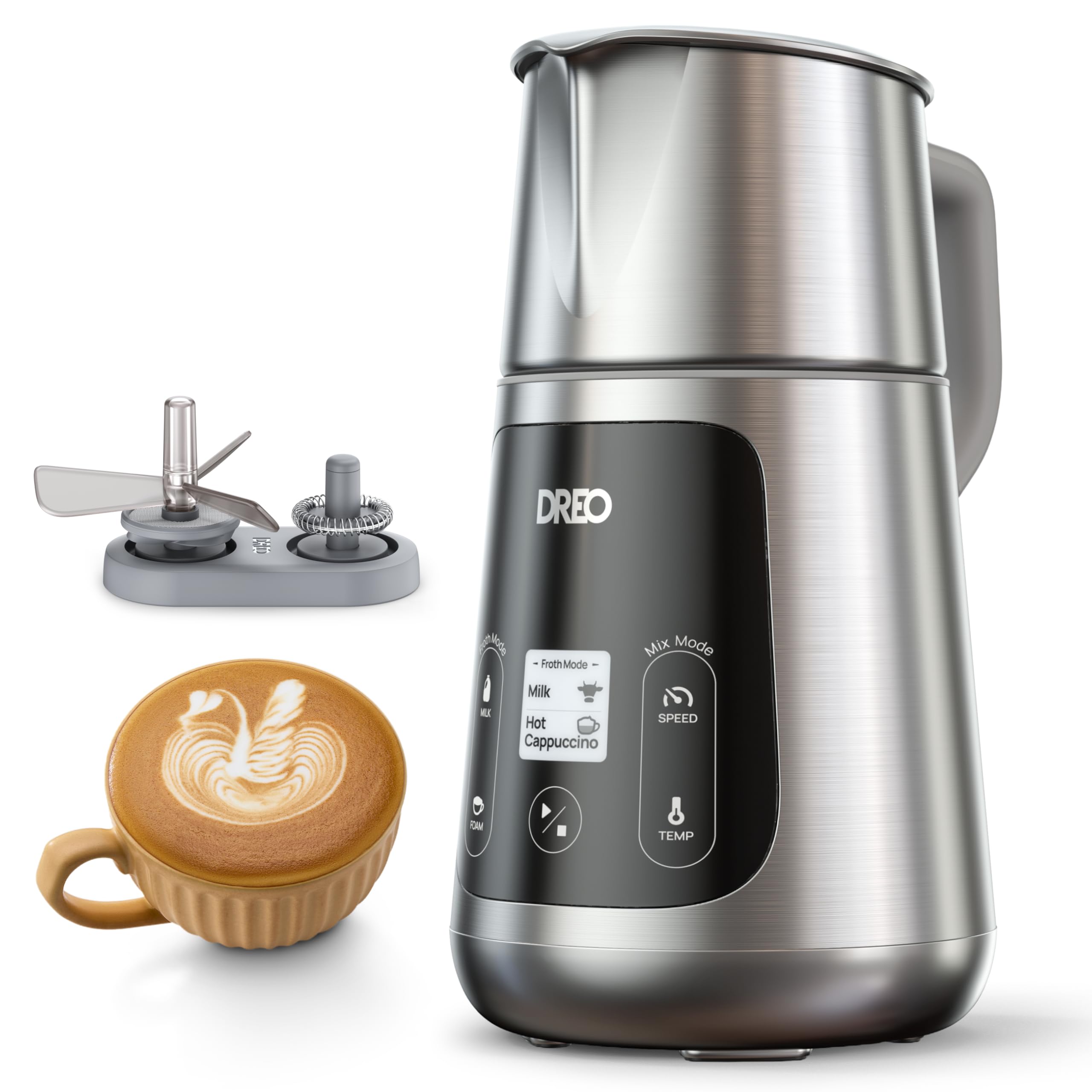 Dreo Milk Frother [Upgraded], All-in-1 Electric Foam Maker for Coffee, 15oz/450ml Automatic Foam Frother for Latte Art-level Mic