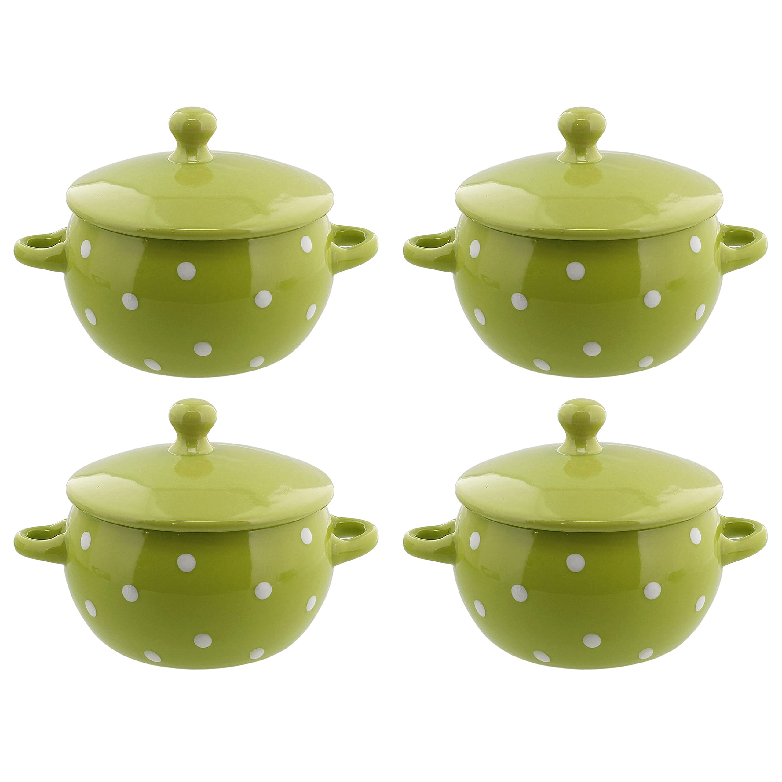 Green Polka Dot12 ounce Ceramic Soup Bowls with Lids and Handles  Set of 4