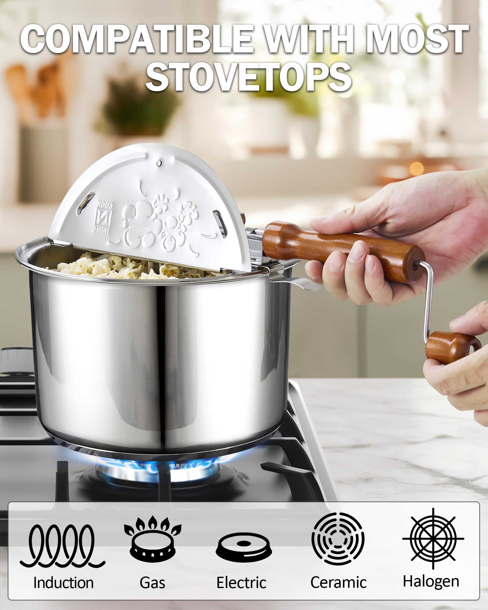 Cook N Home Stovetop Popcorn Popper With Crank, 6 Quart Stainless Steel Popcorn Pot, Silver