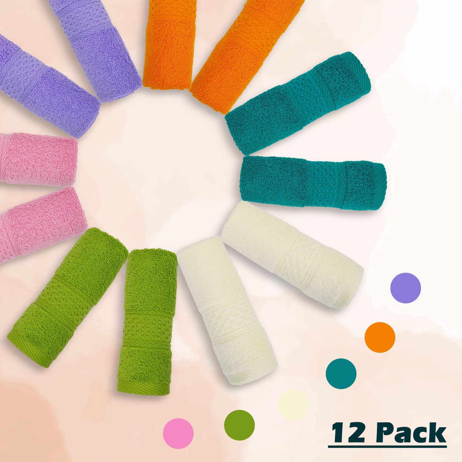 Cleanbear Face Cloths 12 Pack Washcloths 100% Cotton Wash Cloth For Face - Large Bath Washcloths 13 By 13 Inches With Multi Colo