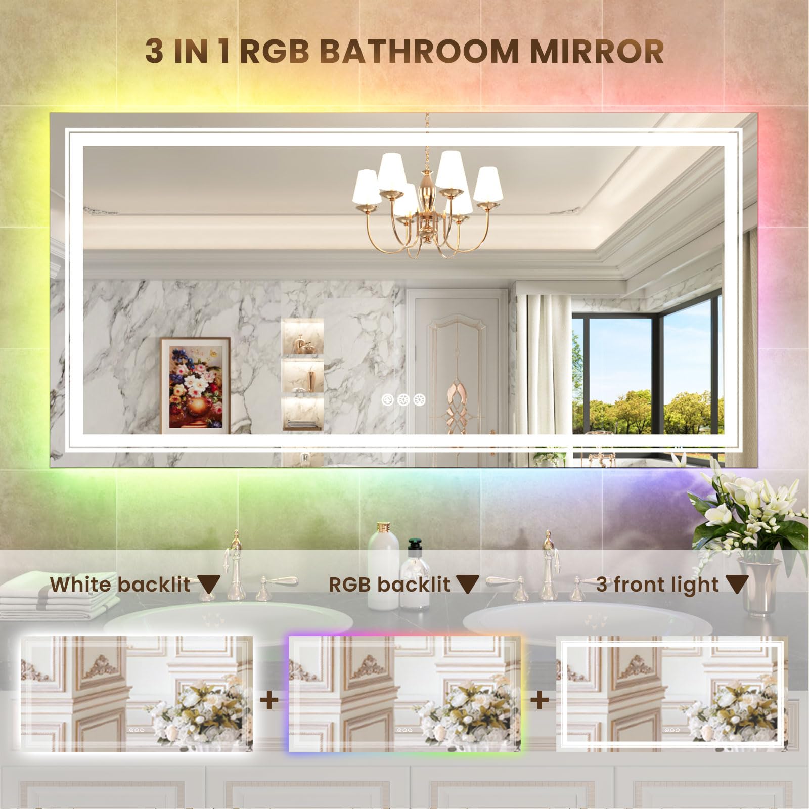 Wtty Rgb Led Mirror For Bathroom,72''X32'' Large Led Bathroom Mirror With Backlit And Front Light,Stepless Dimmable,Anti-Fog,Lig