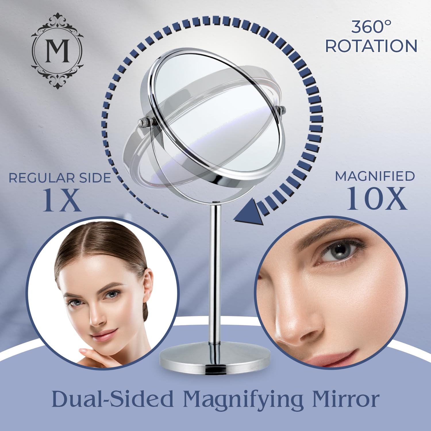 MIRRORVANA 10X Magnifying Makeup Mirror on Round Stand for Tabletop  Bedroom Vanity Desk and Bathroom Counter - Free Standing Double Sided 10X/1X Magnification Mirror - 7 '' Wide and 14 '' Tall (Chrome)