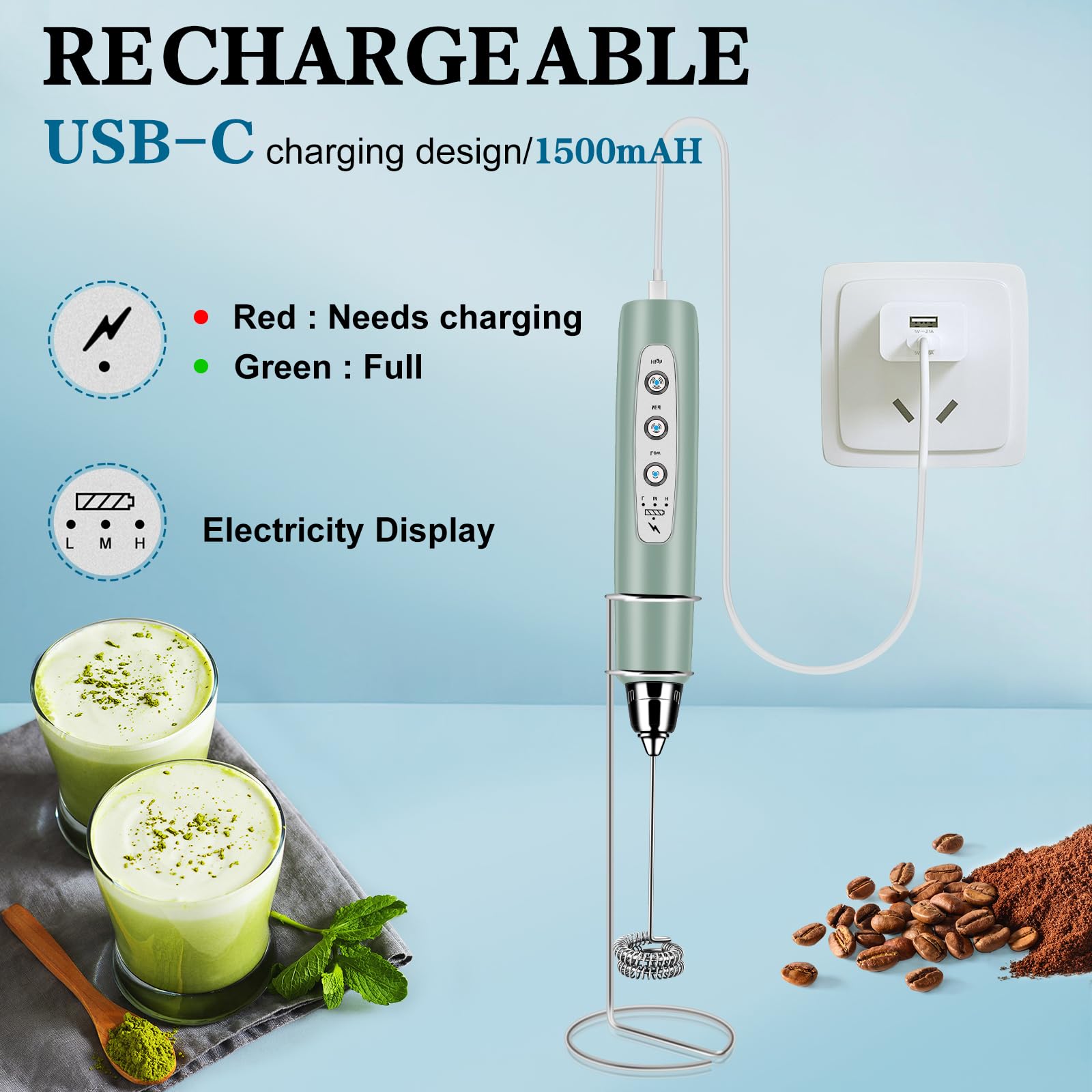 Bsrgms Milk Frother Handheld With Stand, Electric Whisk 3 Speed Adjustable, Drink Mixer With Stainless 3 Whisk, Rechargeable Han