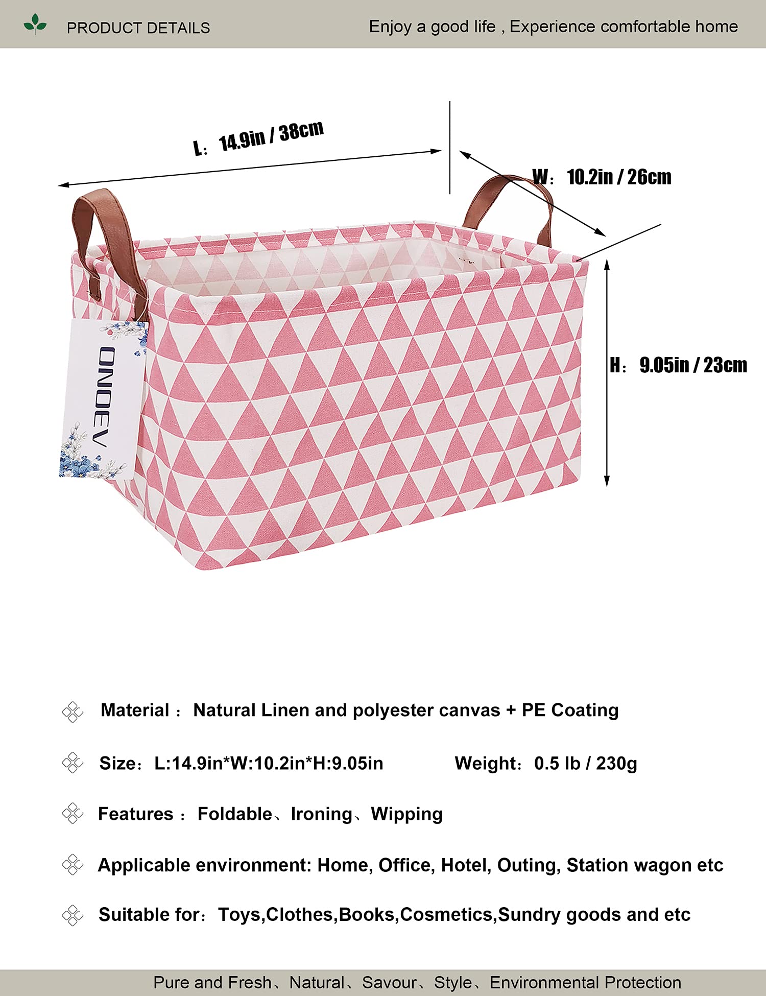 ONOEV Rectangular Fabric Storage Box  Decorative Basket and Finishing Basket with Handle are Used for The Storage of Clothes  Books and Sundries(Pink Triangle) 1