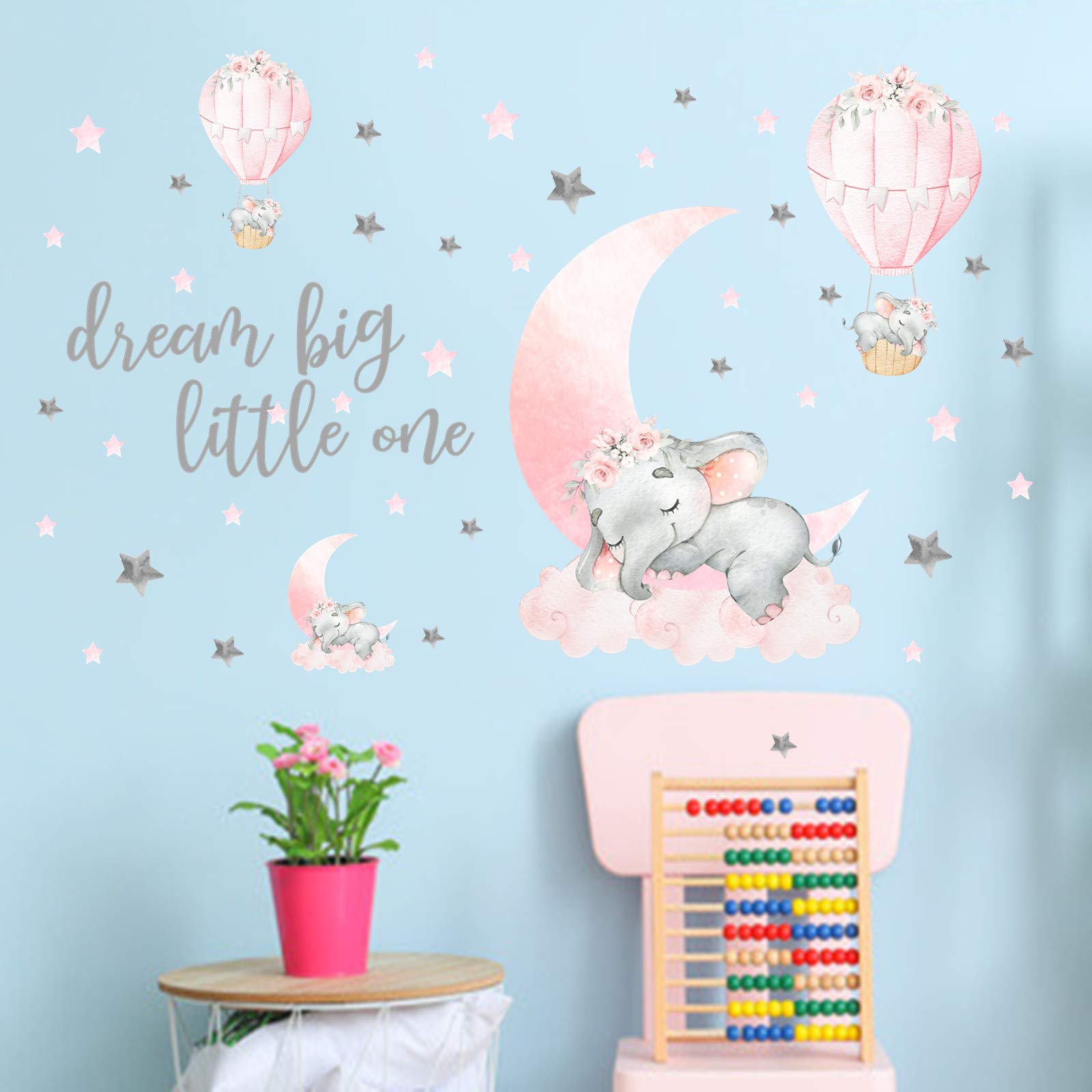 Yovkky Girls Sleeping Elephant Dream Big Little One Nursery Wall Decals Stickers  Watercolor Pink Moon Hot Air Balloon Grey Star Crib Decor  Home Baby Shower Toddler Room Decorations Kids Bedroom Art