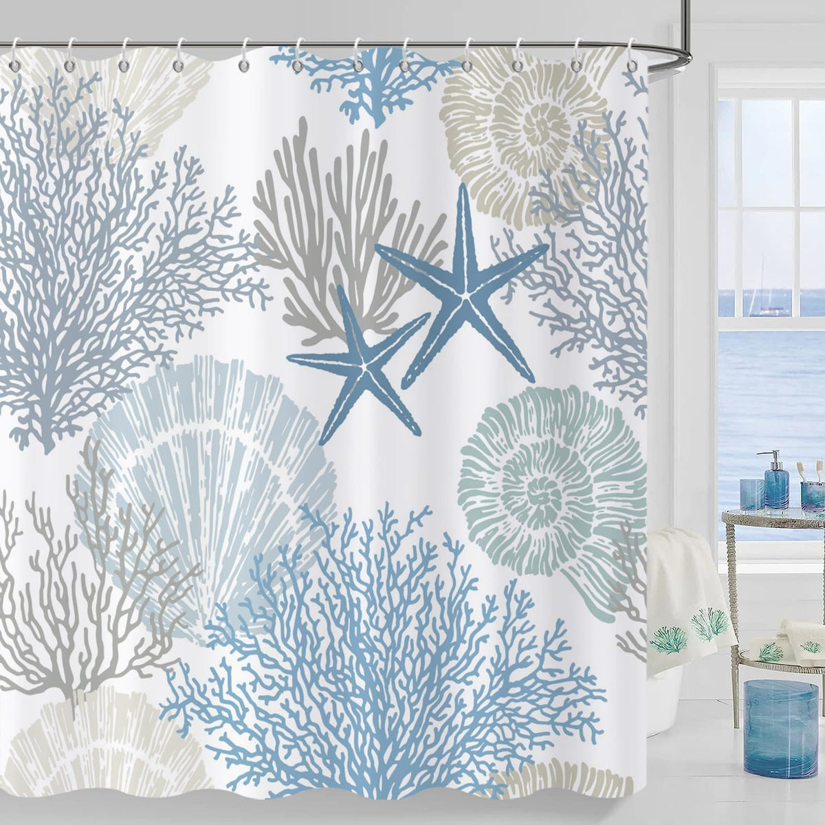 Caheansi Nautical Coastal Shower Curtain, Blue Ocean Beach Seashell Starfish Themed Bathroom Curtain Waterproof Fabric Machine W
