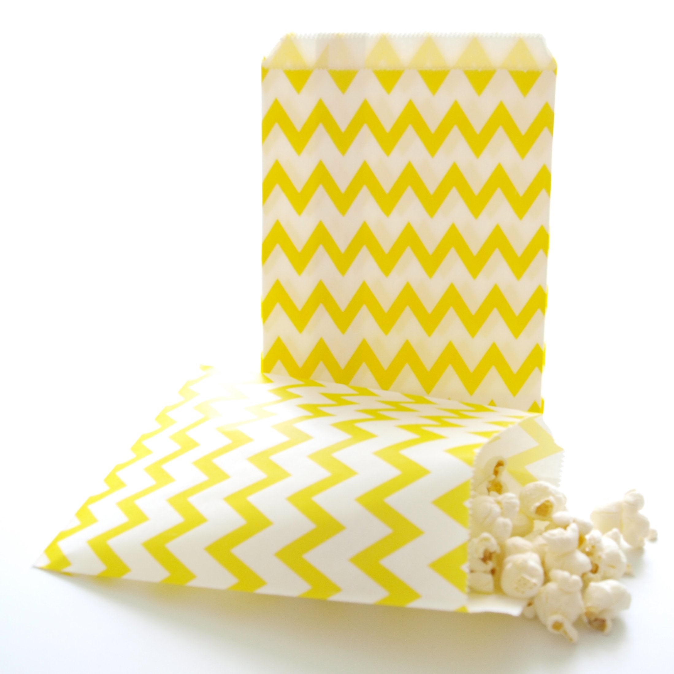 Yellow Party Favor Goodie Treat Bags, Birthday Loot Bags, Candy Buffet Table Bags, Yellow Chevron Bags (25 Pack)