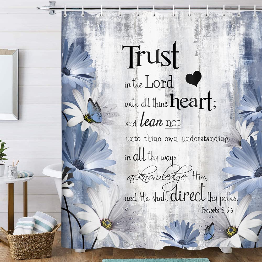 Rustic Farmhouse Blue Shower Curtain Bible Verse Inspirational Shower Curtain Country Farm Bright Navy Blue Daisy Flowers Butter