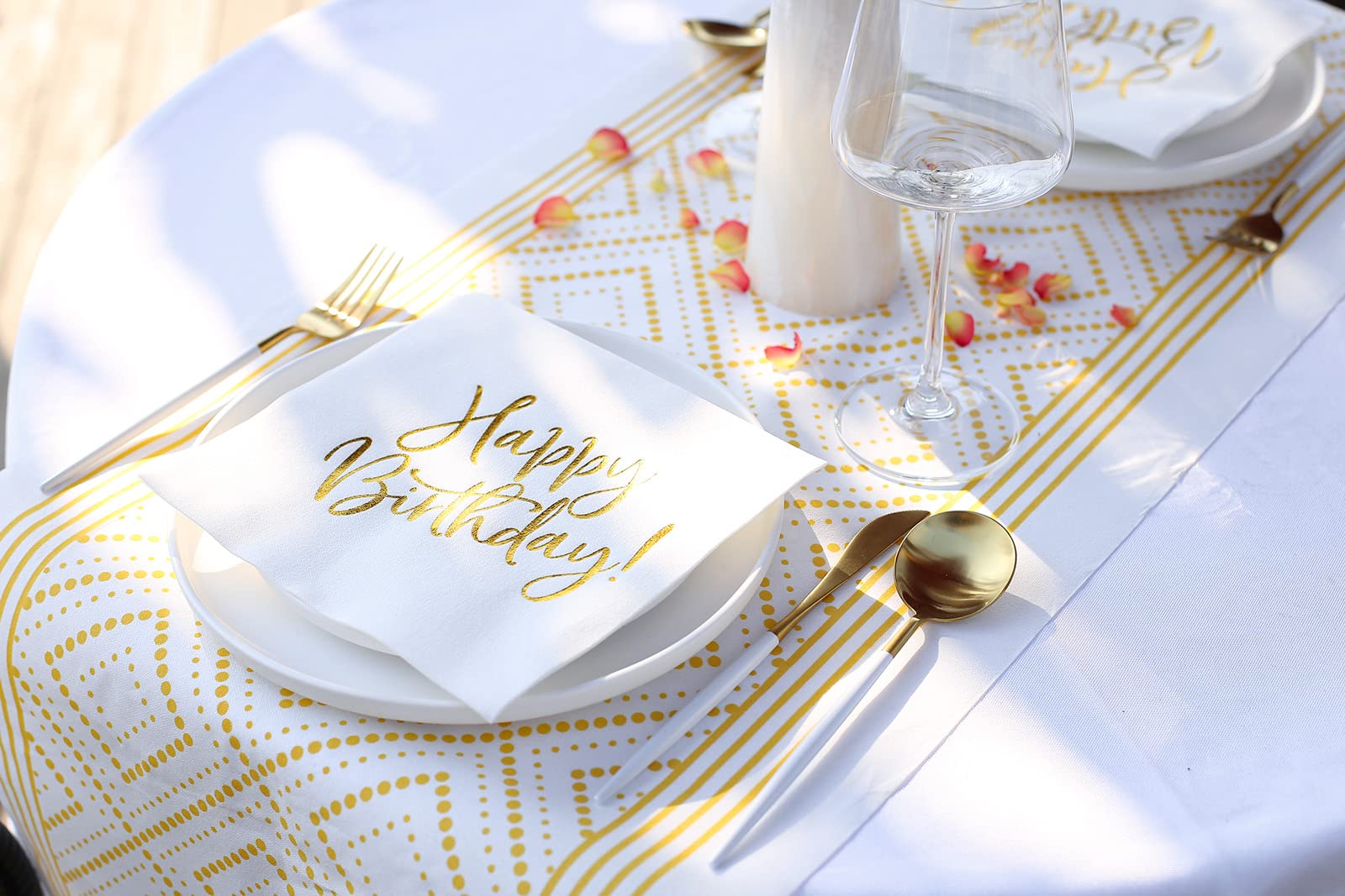 Morgiana 50 Pack Happy Birthday Napkins, Luxury White Gold Birthday Dinner Napkins 16 X 16 Inch, Airlaid Paper, Happy Birthday N