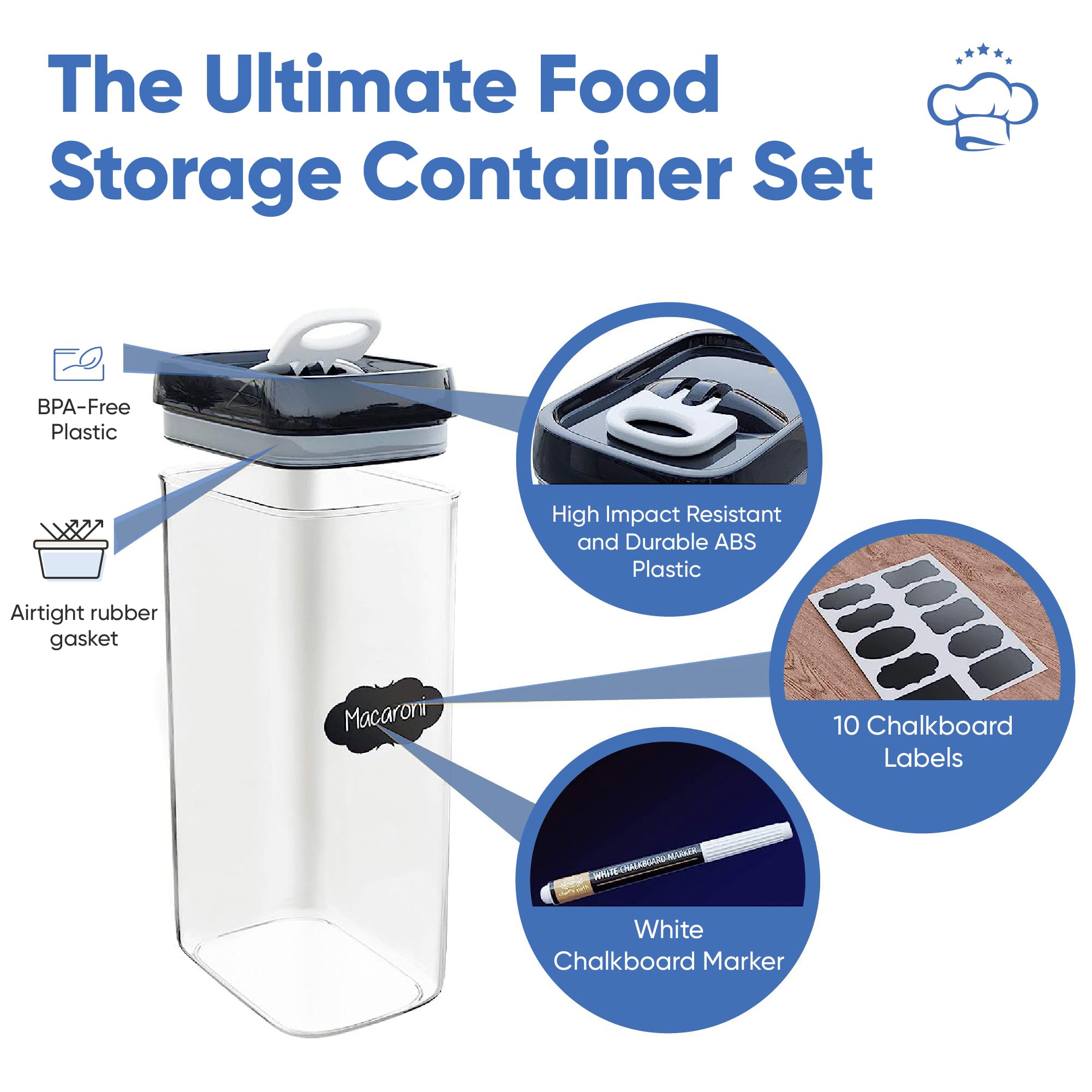 Chefs Path Airtight Food Storage Boxes with Labels - Kitchen Storage - Flour, Cereal, Pasta - Plastic Storage Boxes with Lids (