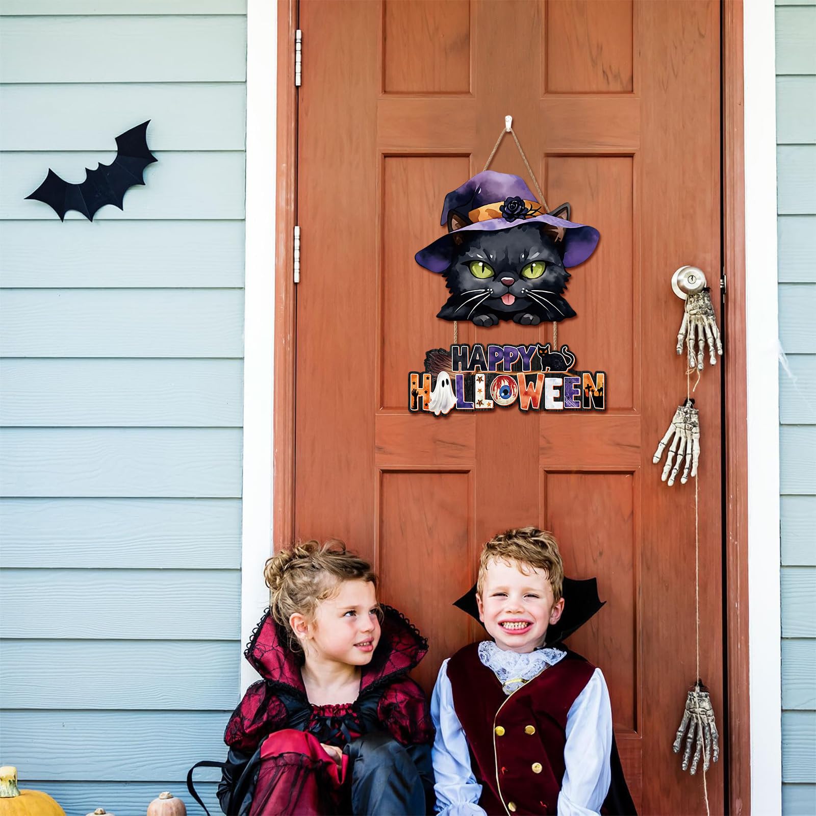 Ausril Happy Halloween Door Decoration,Black Cat Sign,Halloween Door Sign,Spooky Black Cat Wall Hanging,Witch Hat Wall Decor,Boo