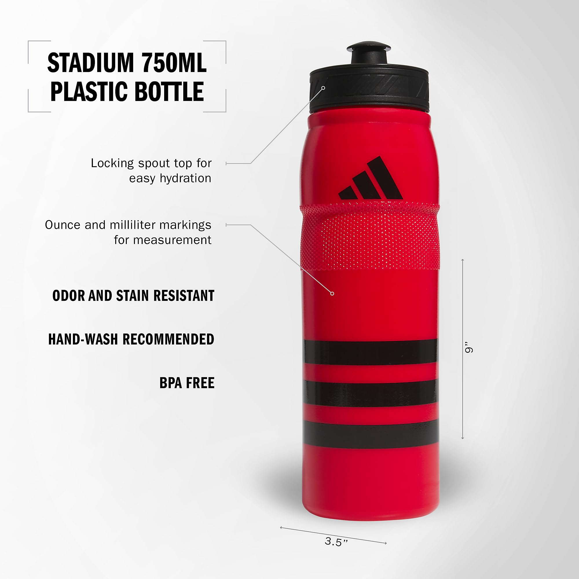 Adidas 750 Ml (28 Oz) Stadium Refillable Plastic Sport Water Bottle, Scarlet, One Size