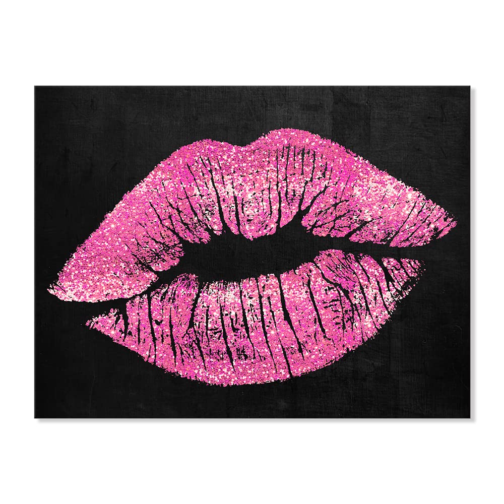 7Canvas Black And Pink Lips Canvas Wall Art Fashion And Glam Poster Sexy Lip Picture Gallery Wrap For Bathroom Bedroom Makeup Ro