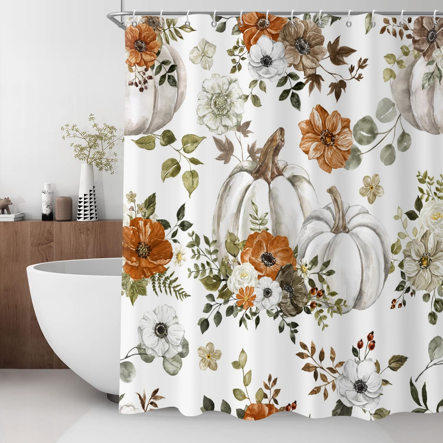 Gcirec Fall Watercolor Pumpkin Shower Curtain, Autumn Thanksgiving Harvest Pumpkins With Floral Bathroom Curtain Bathtub Home De