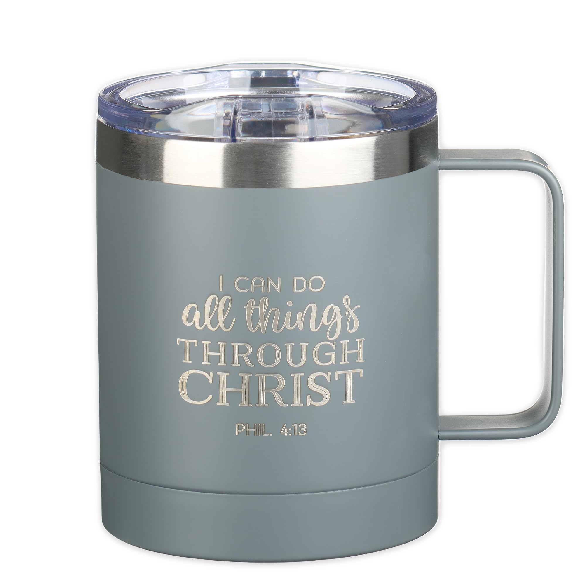 Christian Art Gifts Stainless Steel Double Wall Vacuum Insulated Camp Style Travel Mug 11 oz Gray Coffee Mug with Lid and Handle