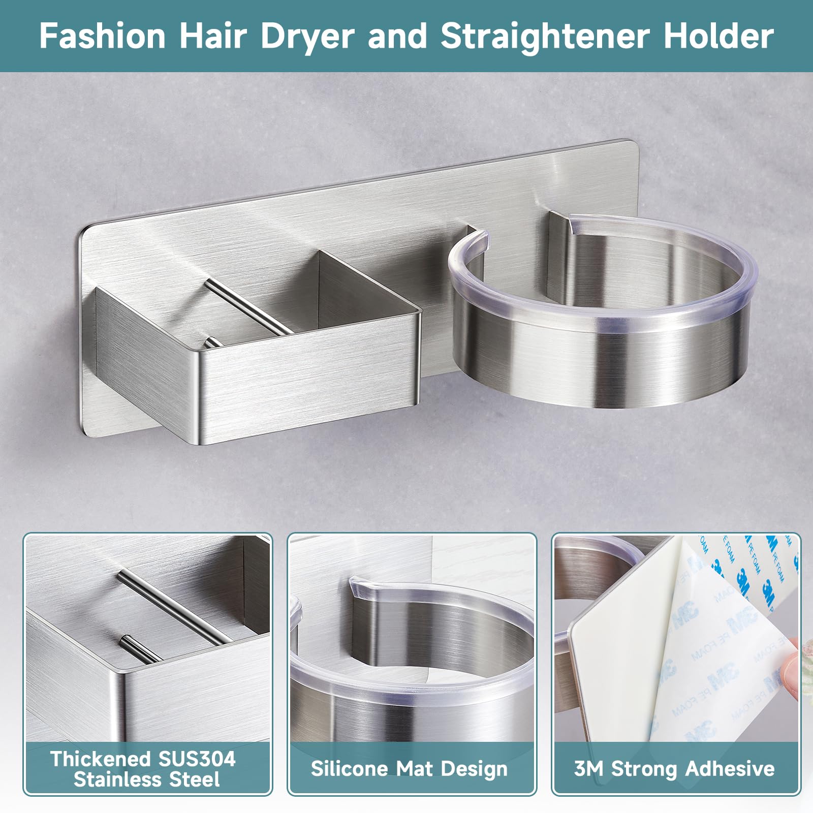 Oukimly Hair Dryer Holder - Wall Mounted Stainless Steel Organizer in Silver for Flat Iron, Curling Iron, and Hairdryer