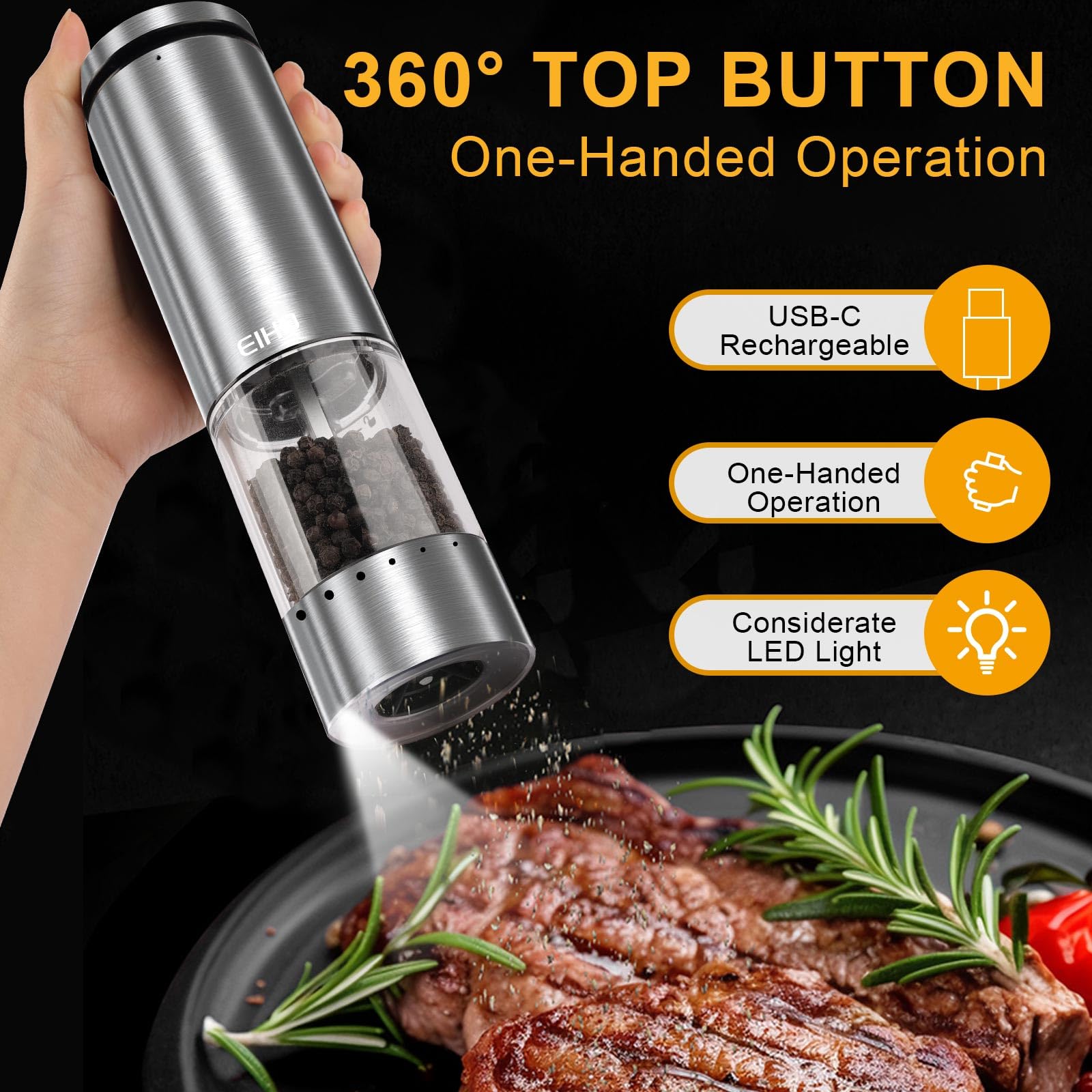 EIHO Electric Salt and Pepper Grinder Set, USB Rechargeable, Adjustable Coarseness, Stainless Steel, Large, Model ESAPGS-2