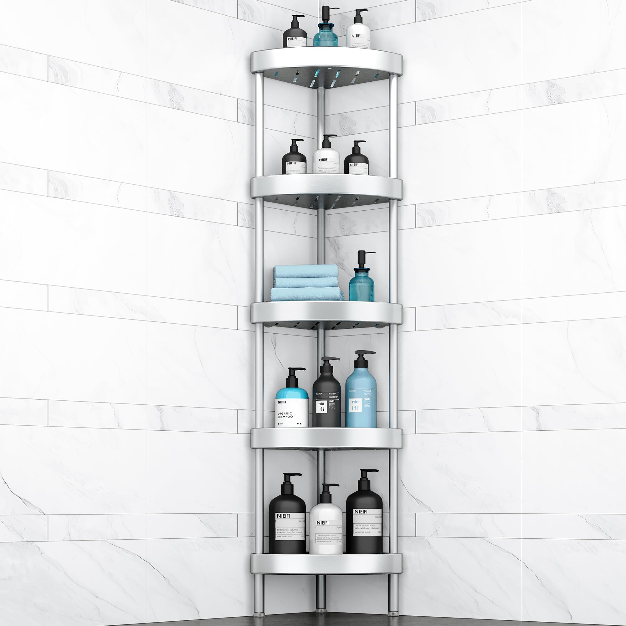 Nieifi Corner Shower Caddy Stand-5 Tier Rustproof Anodized Aluminum Standing Shower Organizer-Shower Caddy Corner-Dual Stability