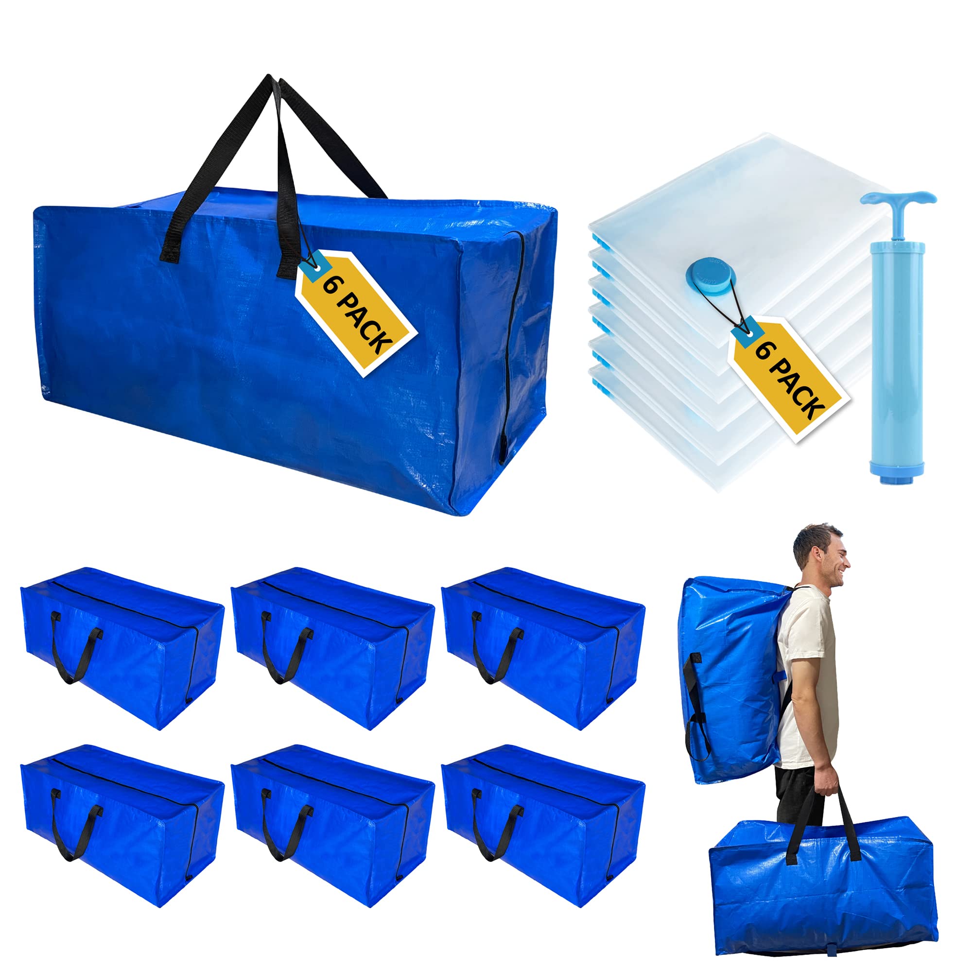 12 Pack Heavy Duty Extra Large Moving Bags With Backpack Straps & Large Vacuum Storage Bags Moving Supply Combo, Moving Totes Wi
