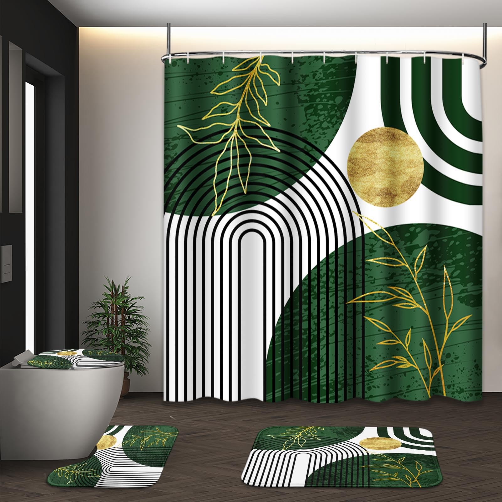 Tayney Olive Green And Gold Boho Mid Century Shower Curtain Set With Toilet Lid Cover And Non-Slip Rugs, Abstract Geometric 4 Pc