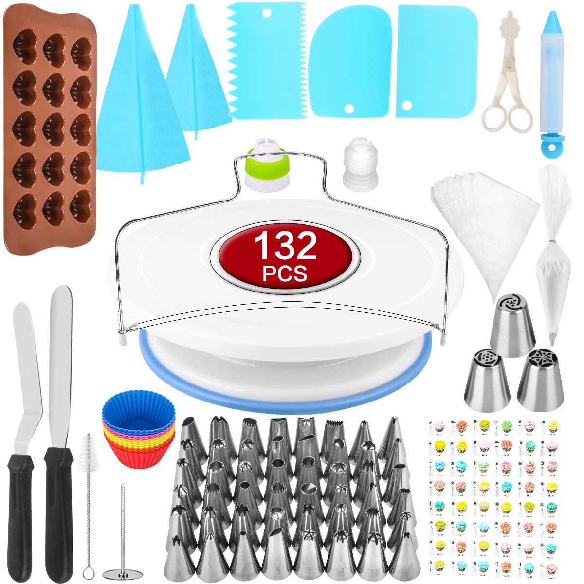 132 Pcs Cake Decorating Supplies Kit With Turntable,48 Pcs Numbered Icing Tips And 3 Pcs Russian Piping Nozzles,12 Pcs Cupcake M