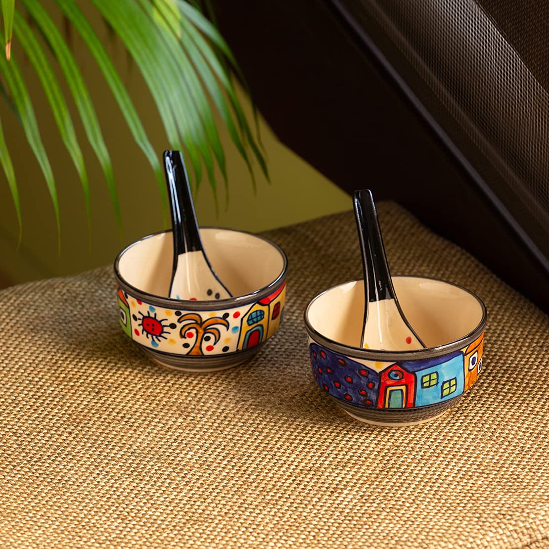 Exclusivelane 'Soupy Huts' Handpainted Ceramic Soup Bowl With Spoon Set Of 2 (260 Ml, Dishwasher & Microwave Safe Bowls) | Moder