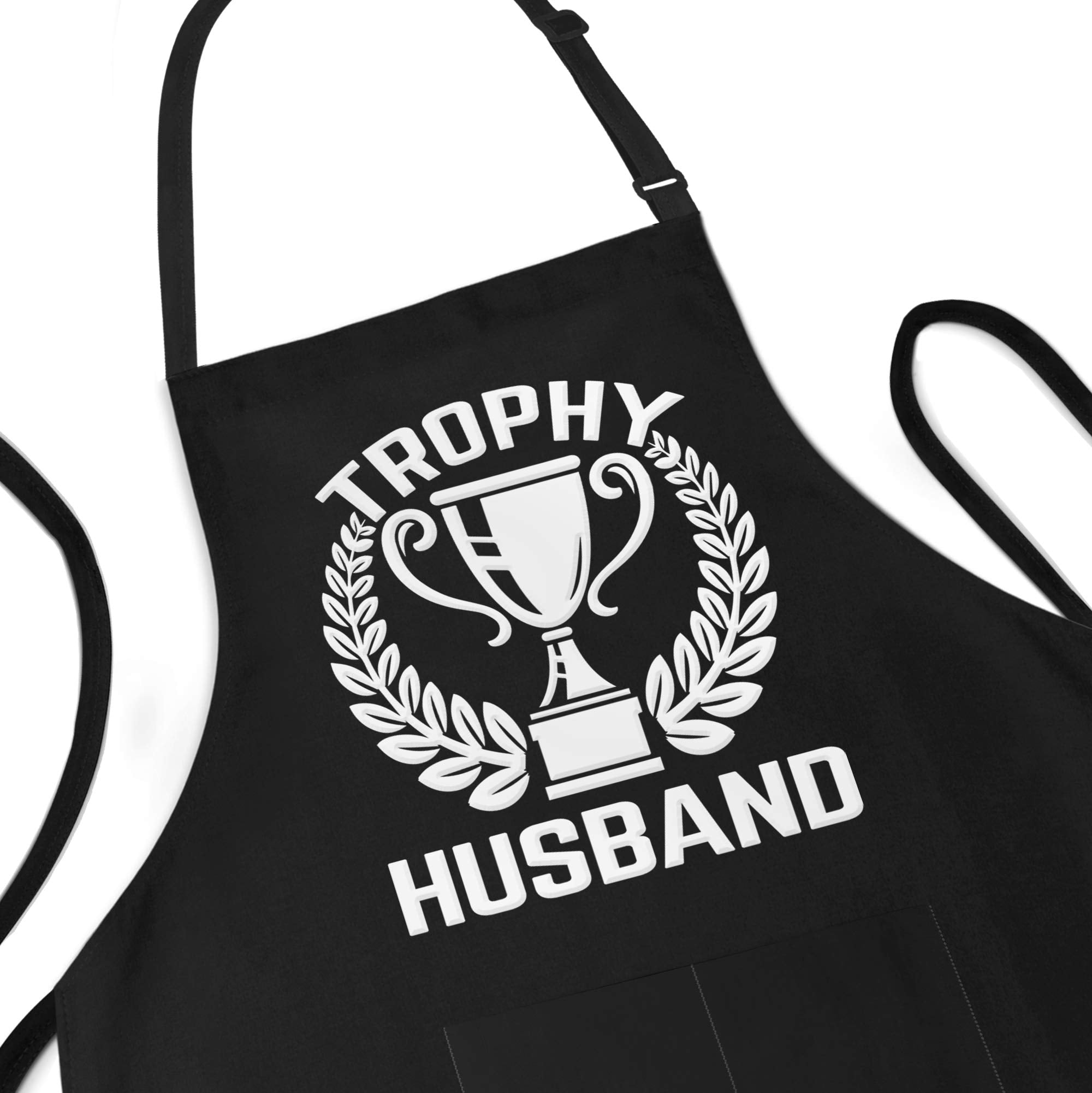Funny Apron For Dad - Trophy Husband - Adjustable Poly/Cotton Bbq Grill Apron With Pockets - Apron For Grilling Cooking Gardenin