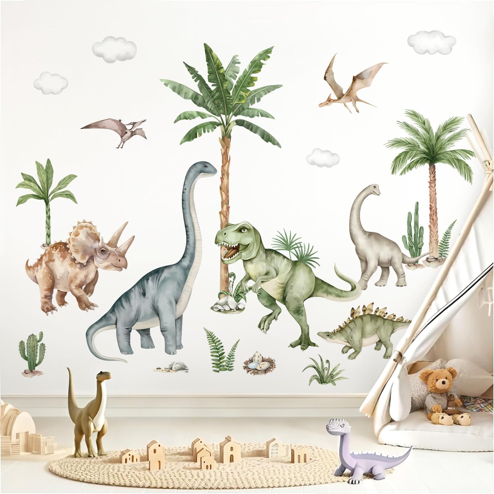 Wondever Large Dinosaur Wall Stickers Tropical Animal Dino Palm Tree Plants Wall Art Decals For Boys Room Baby Nursery Kids Bedr