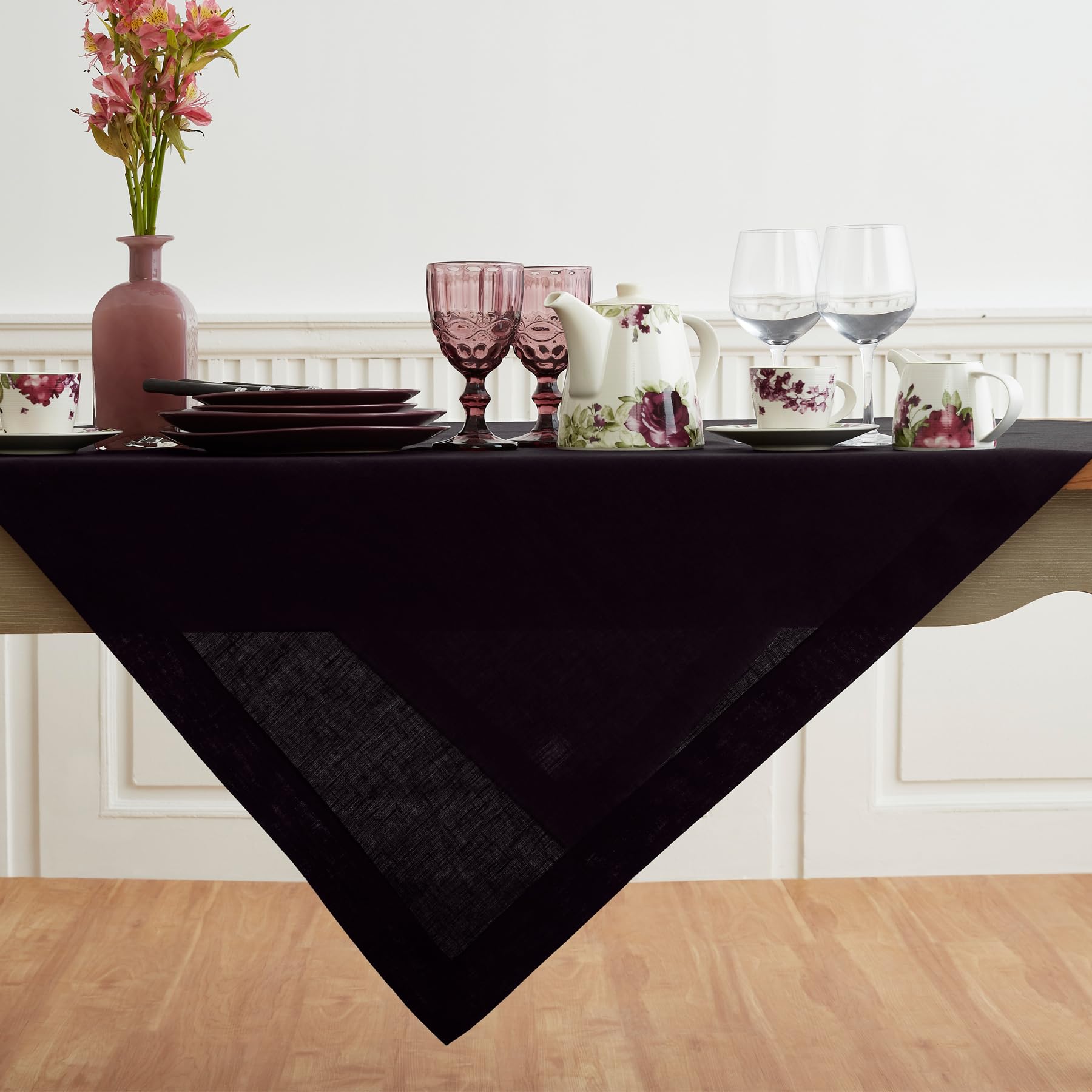 Solino Home Linen Tablecloth - 100% Pure Linen Fall, Halloween, Thanksgiving, Christmas Black Tablecloth 52 X 52 Inch - Machine