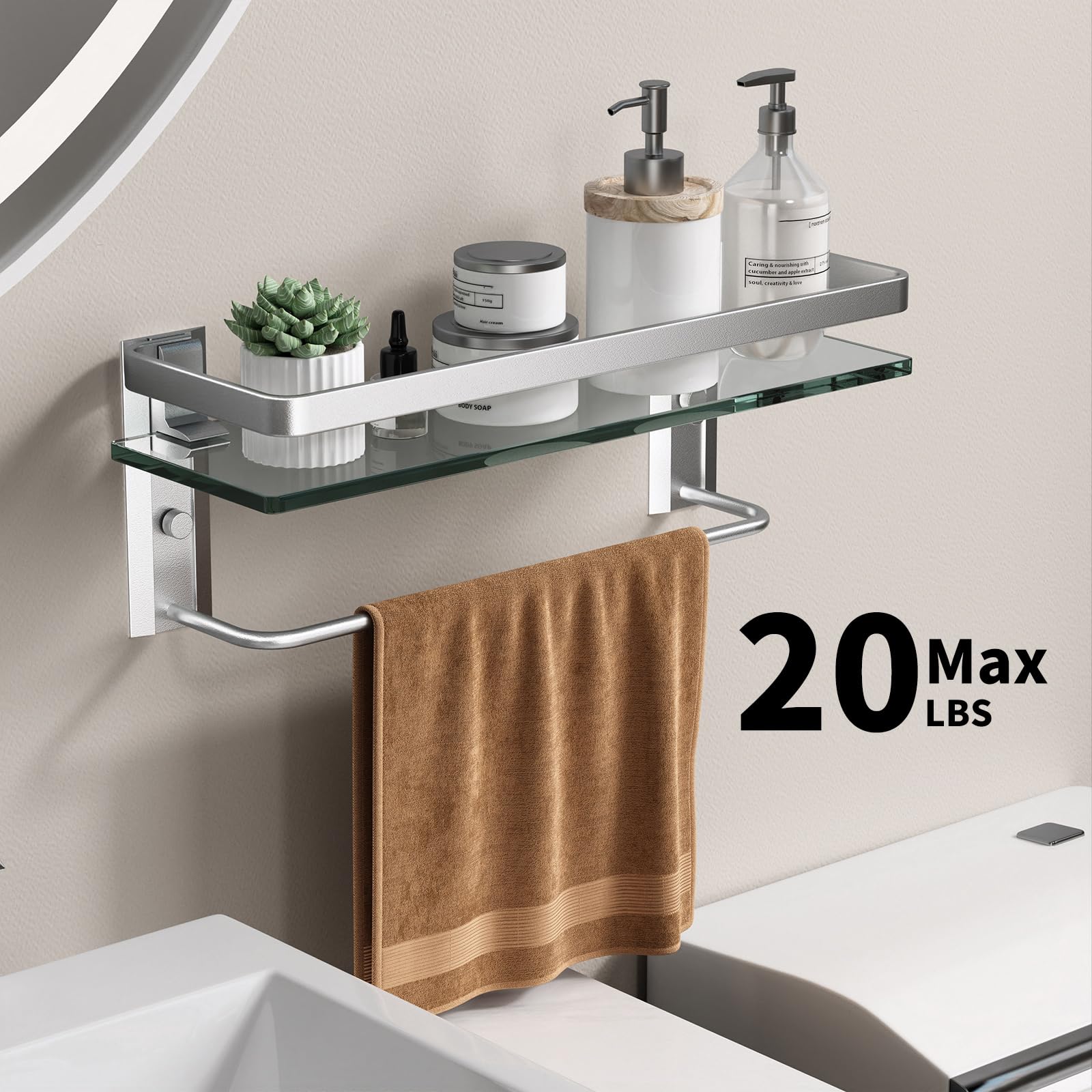 Danpoo Bathroom Wall Shelf With Towel Bar, Clear Tempered Glass, Hand Towel Holder (Matte Silver)