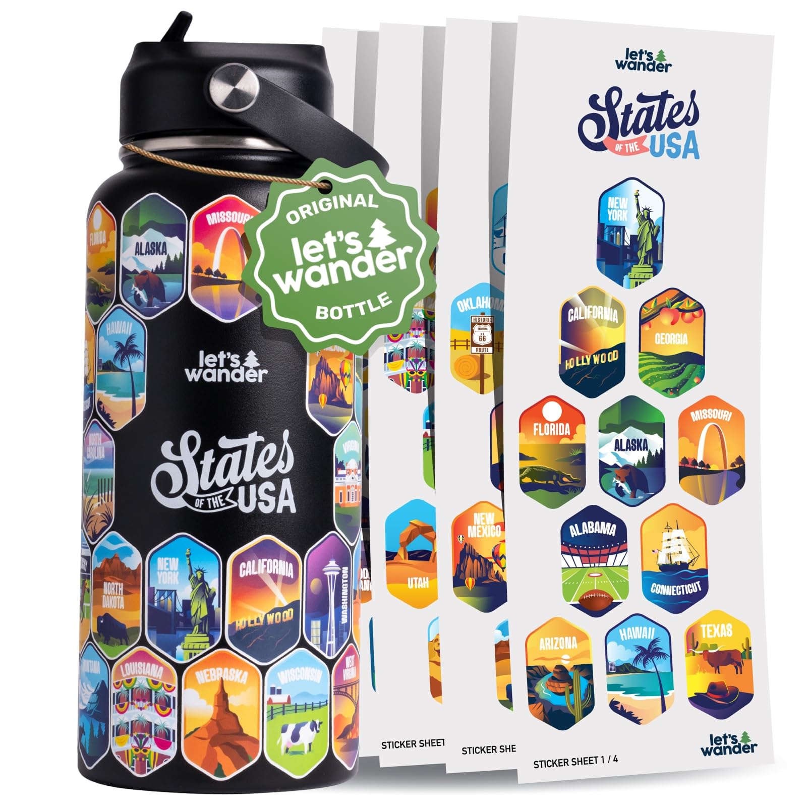 LET S WANDER 50 States Water Bottle with 3 Lids and 50 Waterproof Stickers - 32oz Leakproof Insulated Stainless Steel with Stra