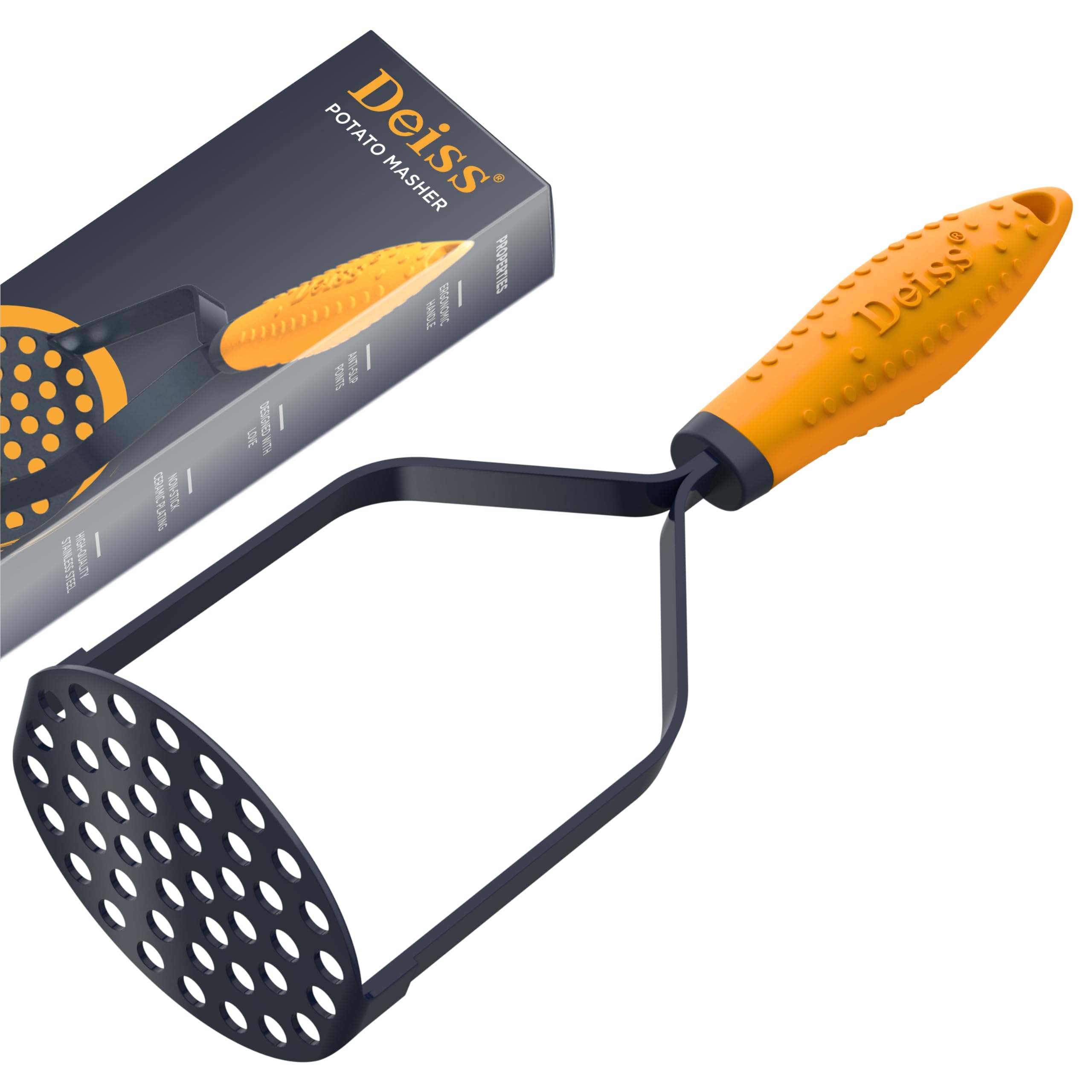 Deiss Pro Heavy Duty Stainless Steel Potato Masher With Non-Slip Rubber Handle High-Quality Hand Held Potato Masher For Struggle