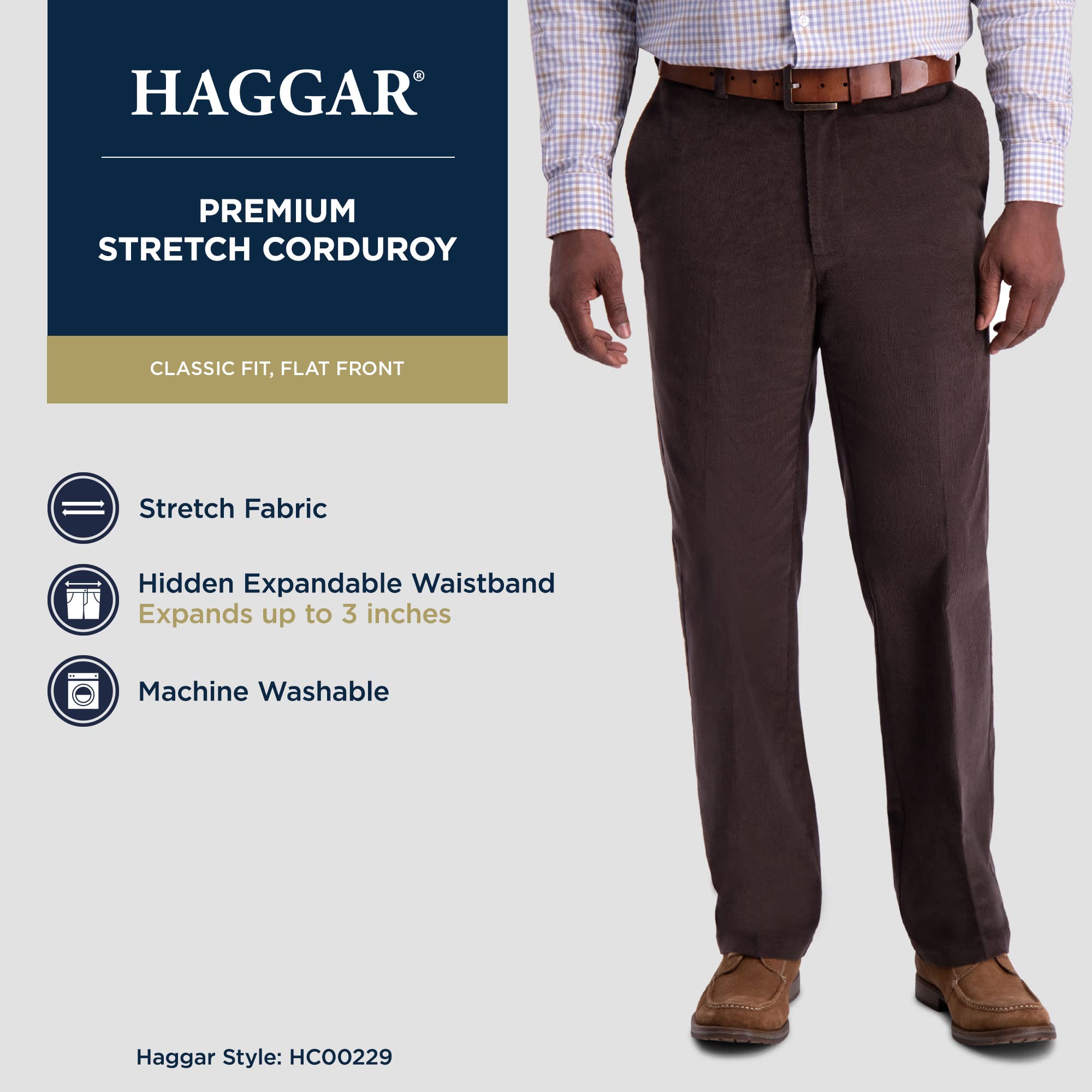 Haggar Mens Stretch Corduroy Expandable Waist Classic Fit Flat Front Casual Pants, Dusk, 32W X 32L Us
