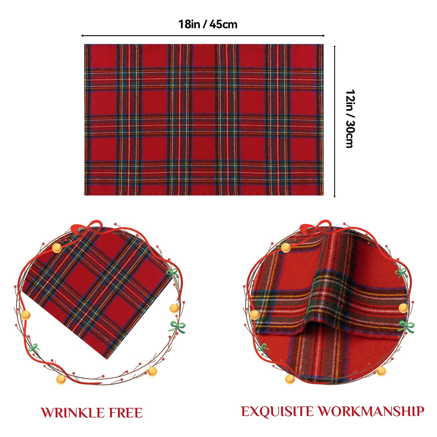 Softalker Christmas Checkered Tartan Placemats Set Of 4-12 X 18 Inch - Red Buffalo Plaid Xmas Place Mats, Heat Resistant Washabl