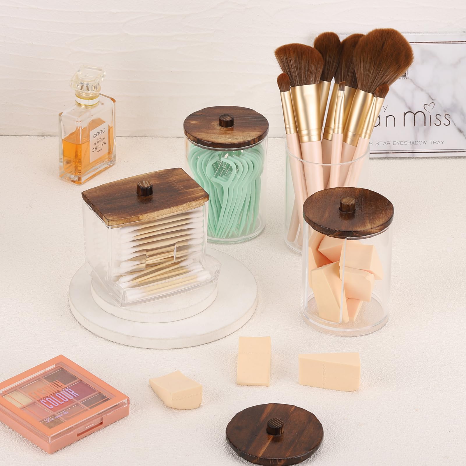 Tbestmax 4 Pack Qtip Holder Dispenser, 10/7Oz Bathroom Container For Cotton Ball Cotton Swabs Pads, Apothecary Jar With Wood Lid