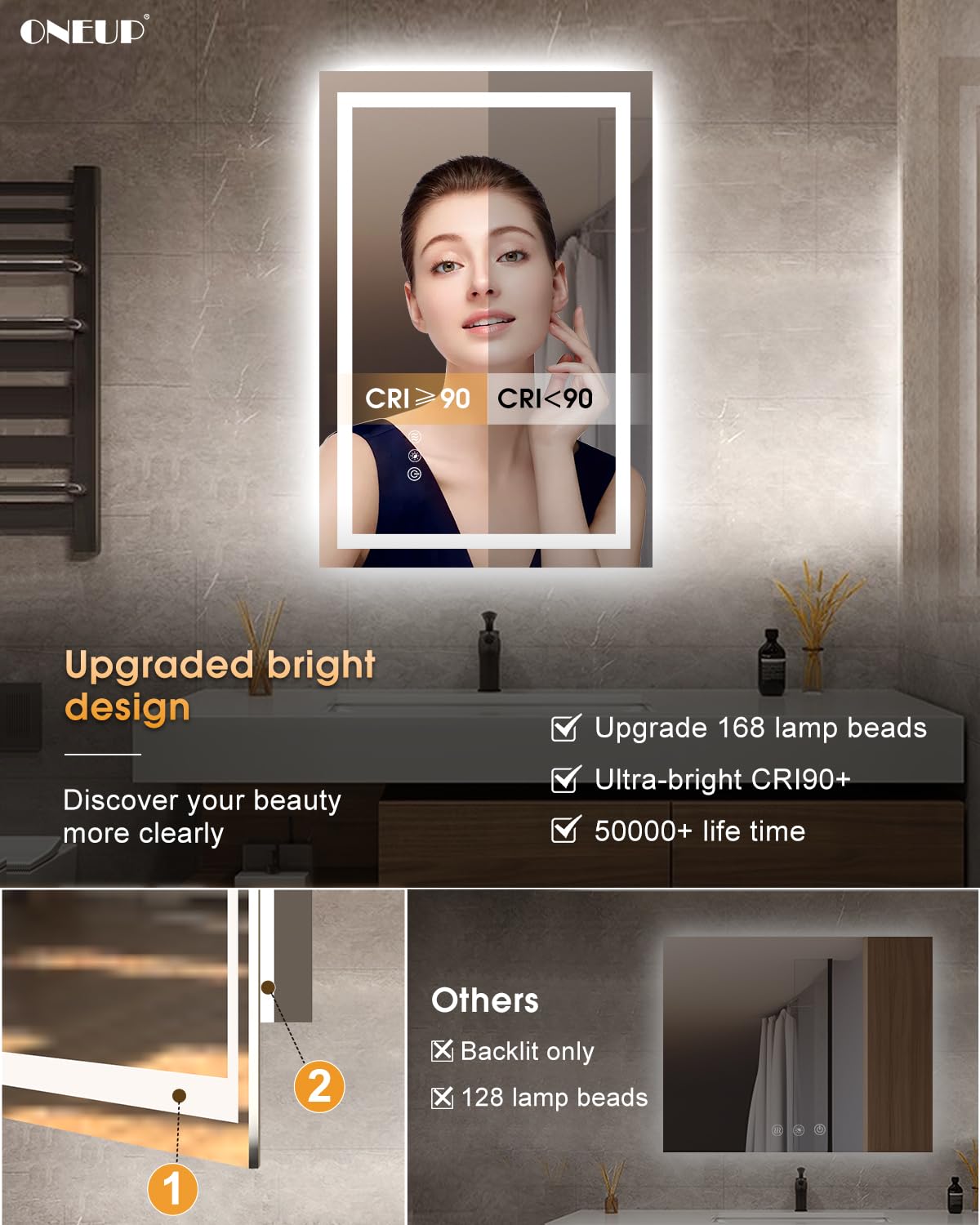 Oneup 16X24''Small Bathroom Mirror With Lights,Front Lighted Bathroom Mirror For Wall,Stepless Dimmable,Anti-Fog,Modern Led Vani