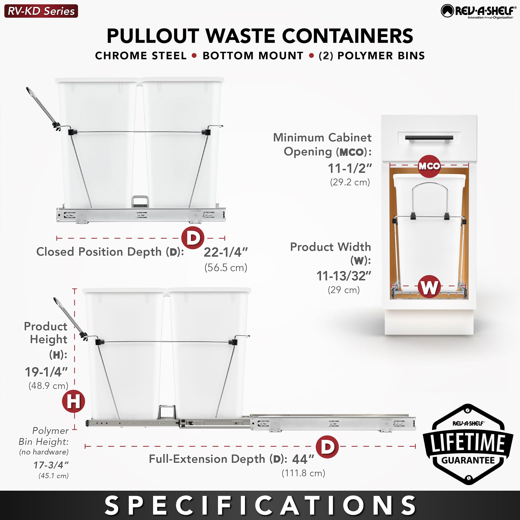 Rev-A-Shelf Pull Out Trash Can For Under Kitchen Cabinets 27 Qt 12 Gallon Garbage Recyling Bin With Full Extension Slide, Green/