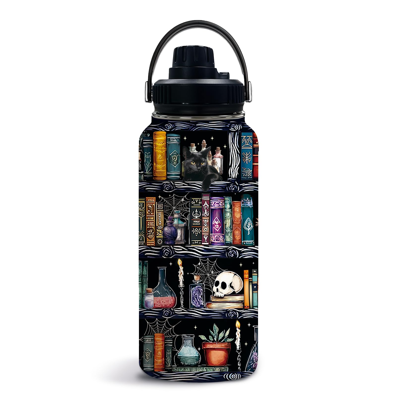 Uibunoo Book Lovers Gifts, Goth Skull Bookish Water Bottle with Lid 32oz, Bookshelf Mugs Cup Tumbler for Books Lovers, Readers W