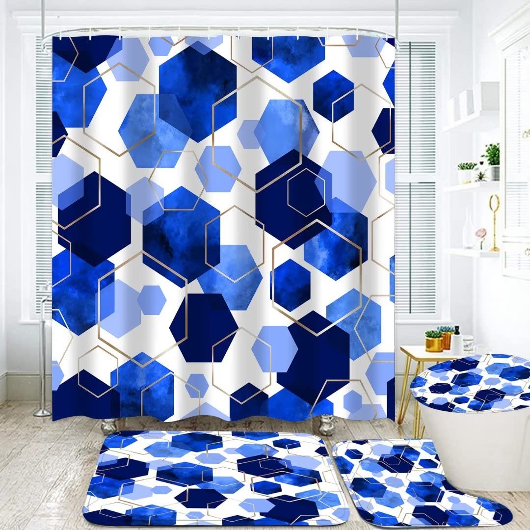 Lqcool Blue Bathroom Curtain Set, 4Pcs Modern Art Geometric Shower Curtain With 12 Hooks, Waterproof, Blackout, 70.8' L X 70.8'