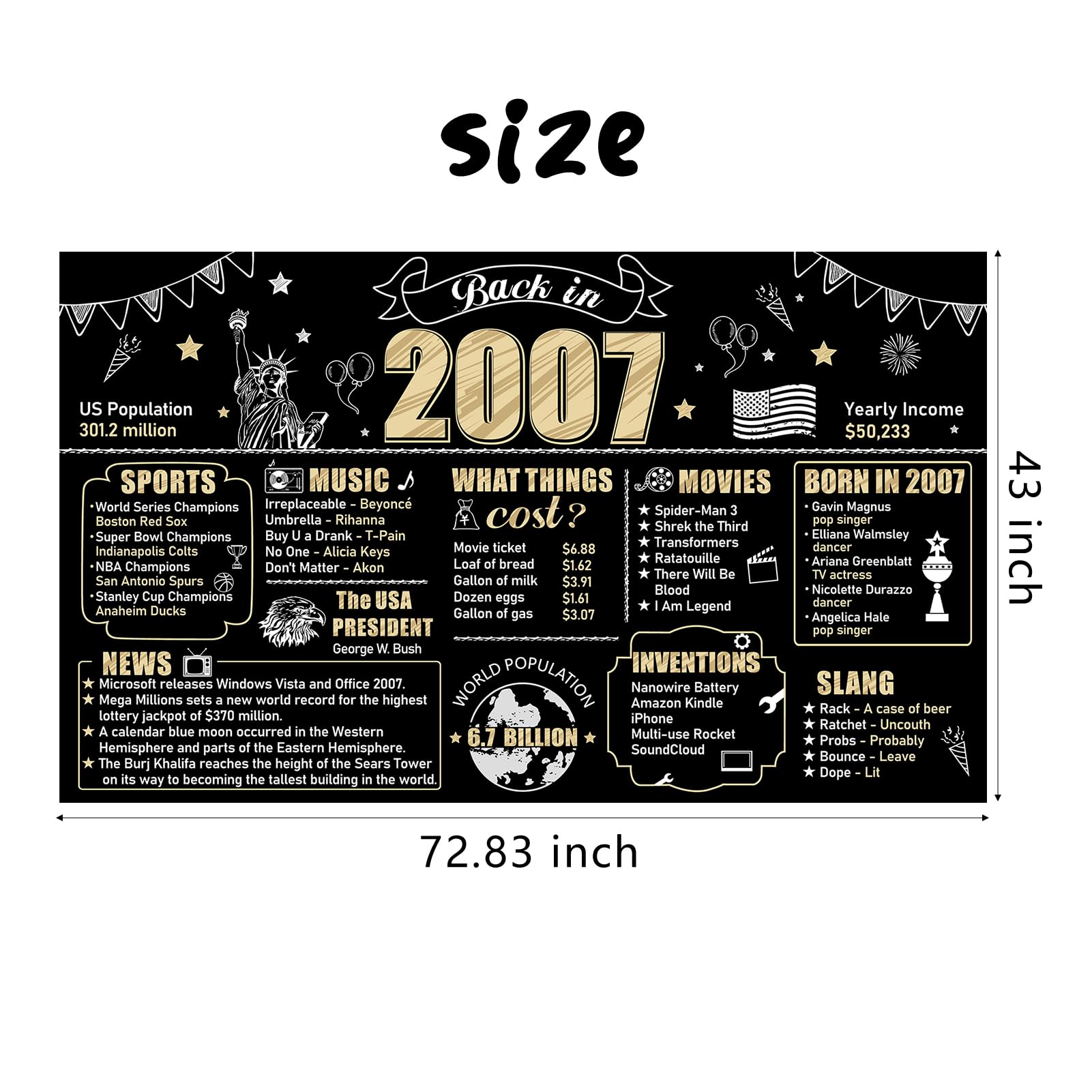 Large 18th Birthday Back in 2007 Banner Backdrop Decorations for Boys Girls, Black Gold 18 Birthday Poster Sign Party Supplies,