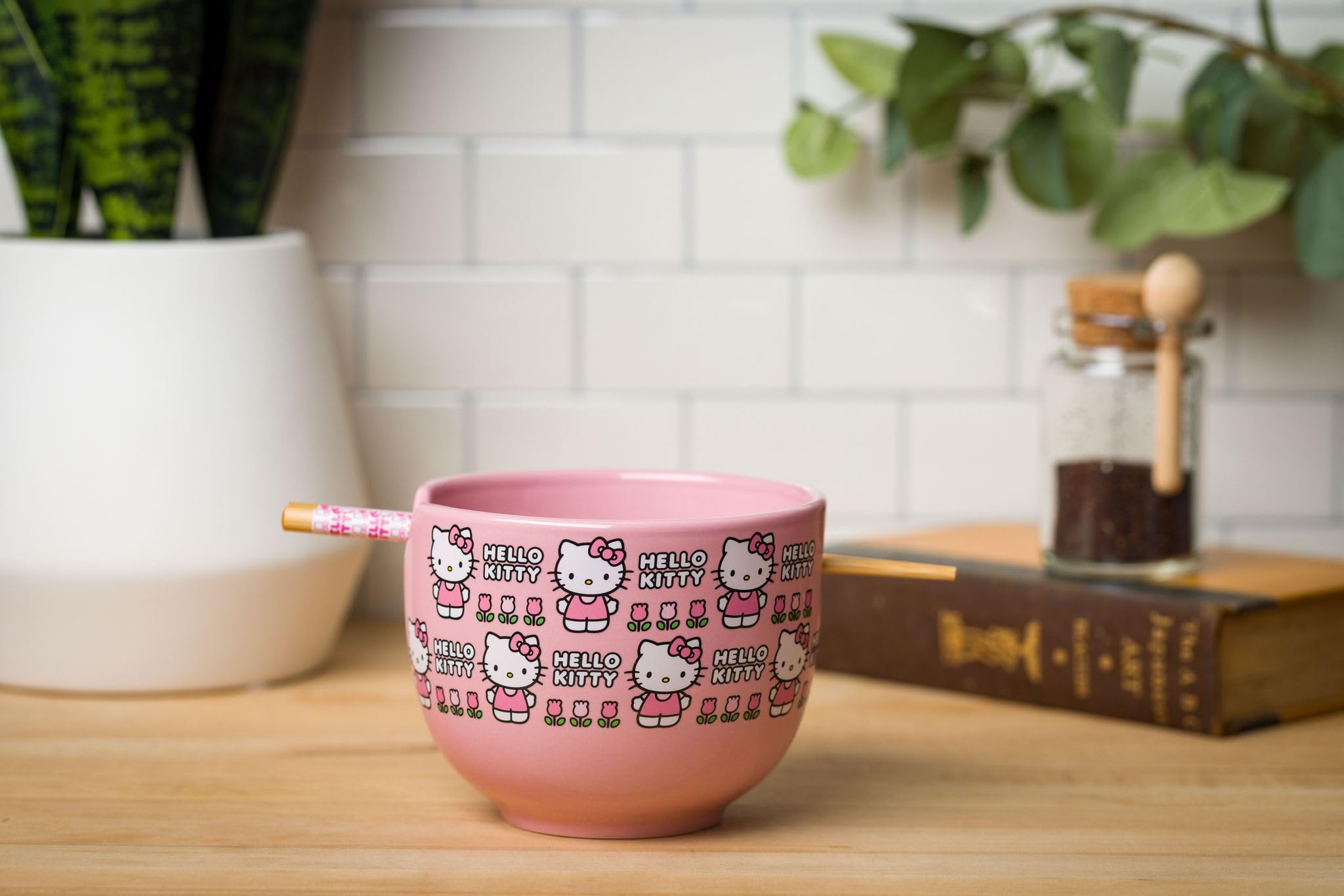 Silver Buffalo Sanrio Hello Kitty Flowers Pattern Ceramic Ramen Noodle Rice Bowl with Chopsticks  Microwave Safe  20 Ounces