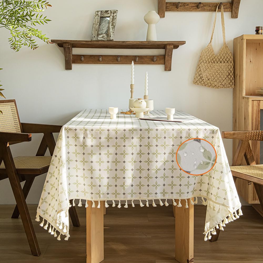 Tablecloth For Rectangle Tables With Tassels Vinyl Waterproof Coating Table Cover With Cotton Linen Burlap Backing Tabletop Non-