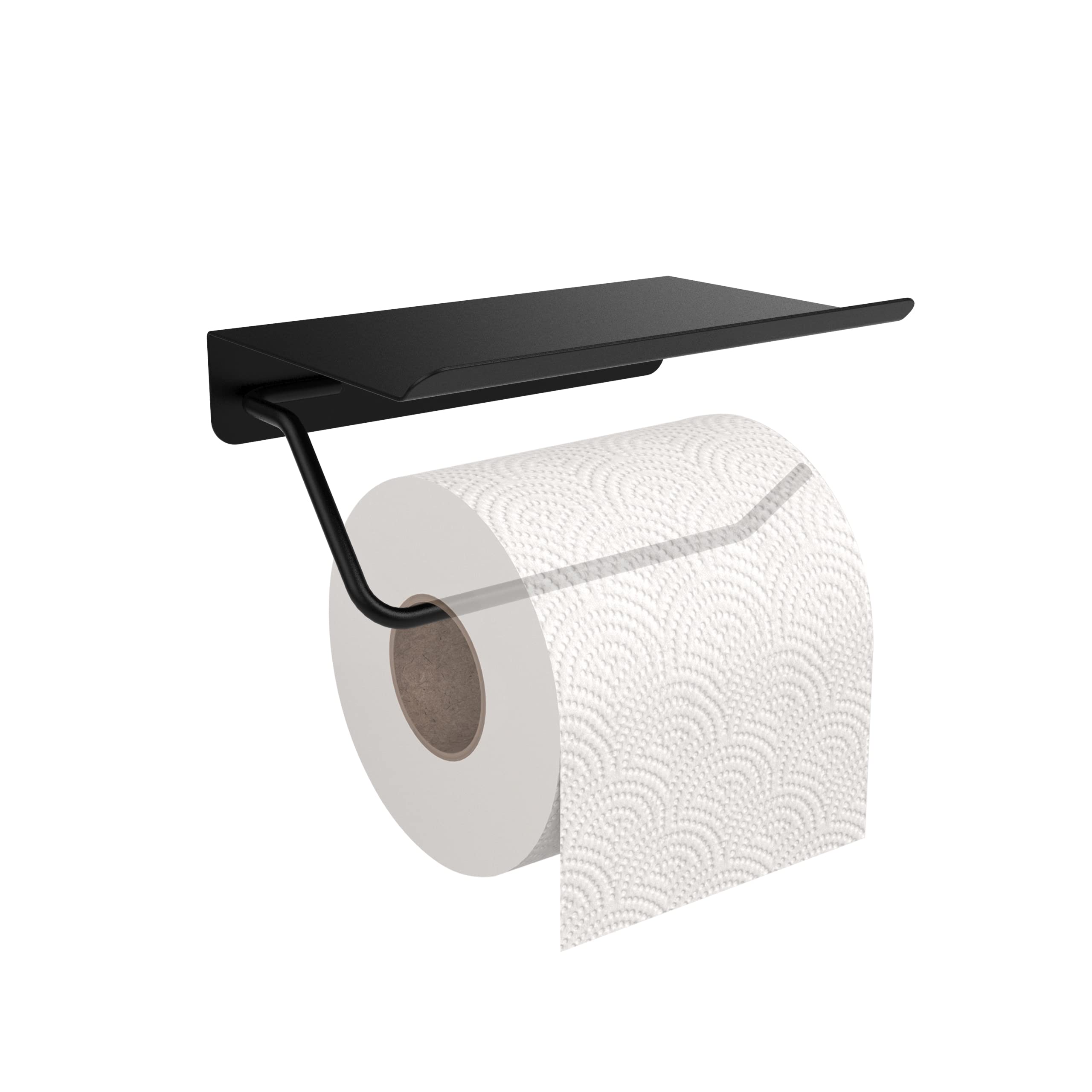 Toilet Paper Holder With Phone Shelf, Bathroom Accessories Tissue Roll Dispenser Storage Wall Mounted (Black)