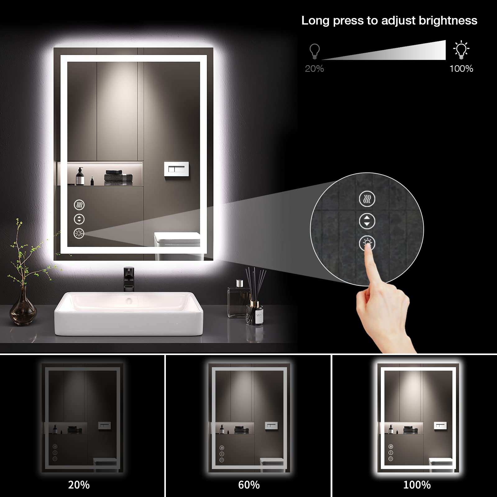 Loaao 20X28 Led Bathroom Mirror With Lights, Anti-Fog, Dimmable, Backlit + Front Lit, Lighted Bathroom Vanity Mirror For Wall, M