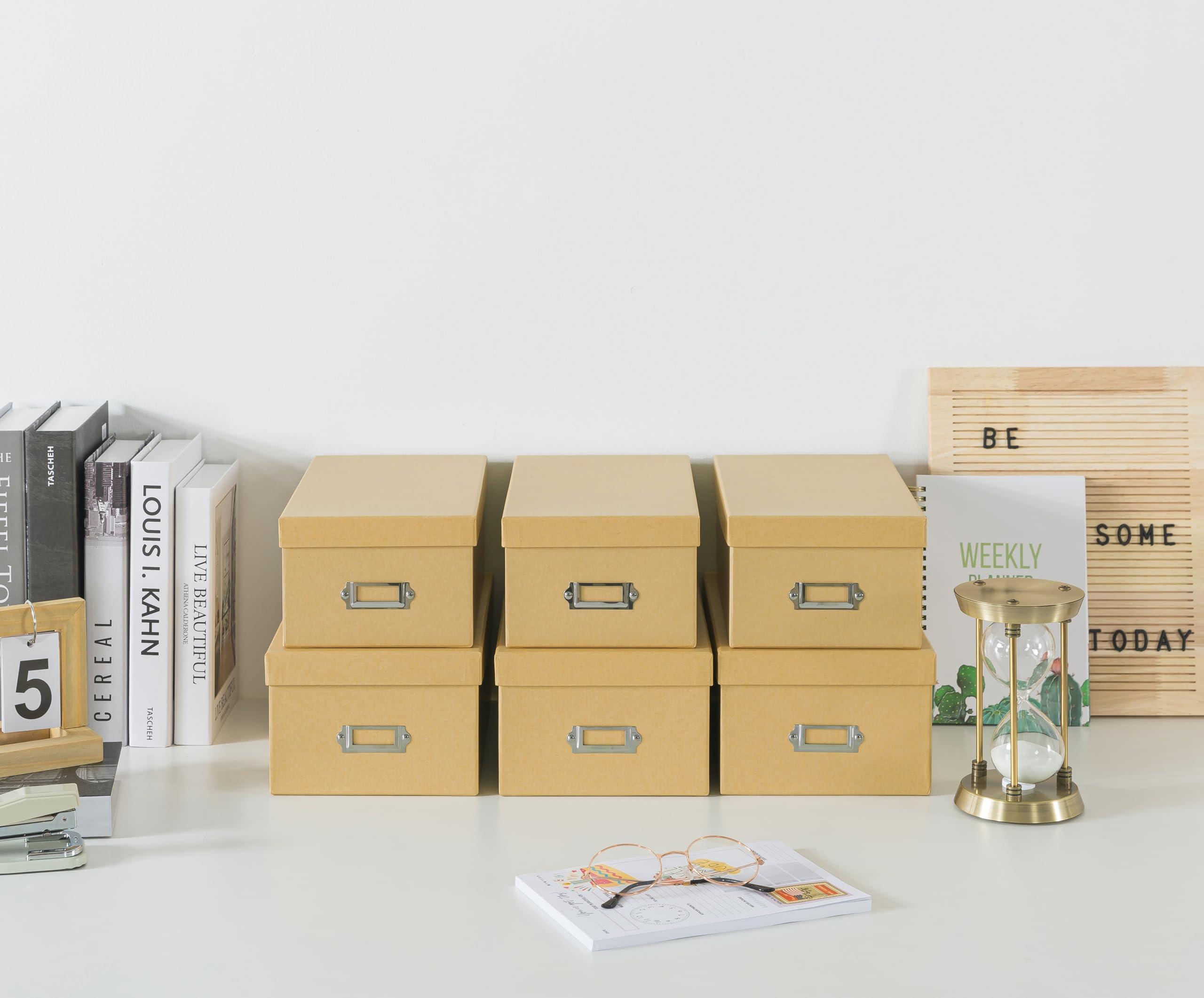 Soul & Lane Kraft Storage Boxes - Set of 6 (3 Large, 3 Medium), Keepsake Memory Storage Boxes with Lids, Cardboard Organizers wi