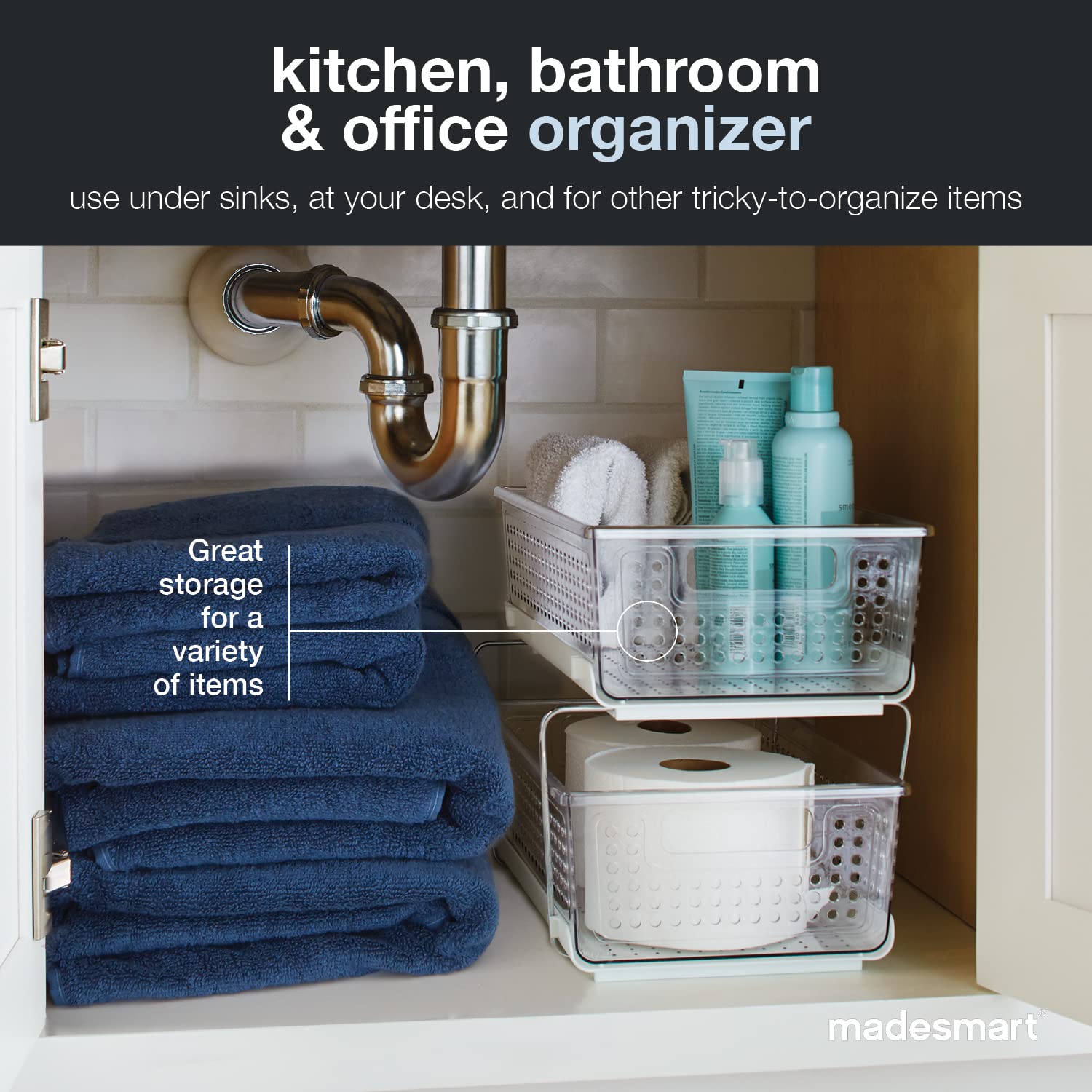 Madesmart 2-Tier Plastic Multipurpose Organizer with Divided Slide-Out Storage Bins  Under Sink and Cabinet Organizer Rack  Clear