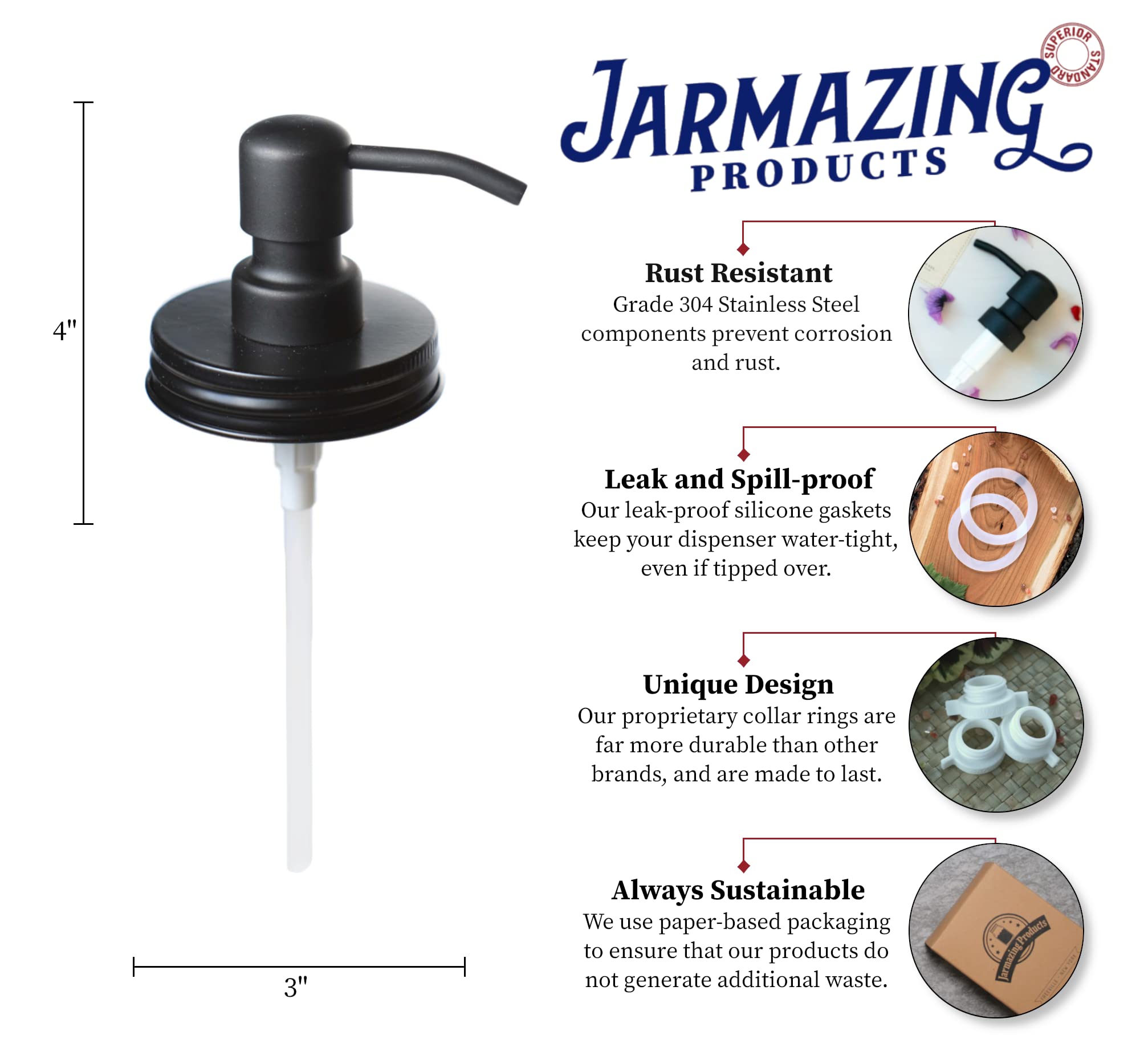 Jarmazing Products Black Mason Jar Soap Dispenser Lids - One Pack - For All Regular Mouth Canning Jars - Made From Rust Proof St