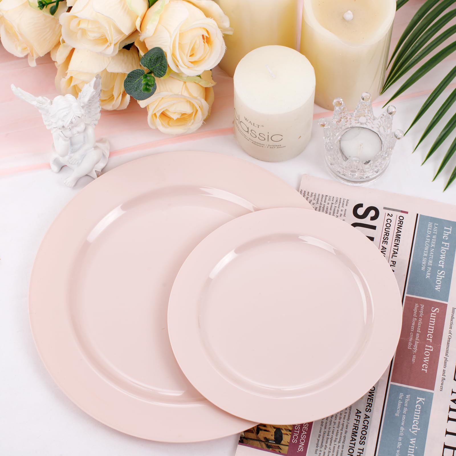Flowercat 100Pcs Pink Plastic Plates - Heavy Duty Pink Plates Disposable For Partyeaster/Wedding/Valentine'S Day - Include 50Pcs
