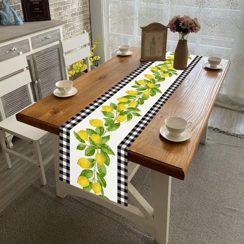 Linen White And Black Buffalo Plaid Check Lemon Table Runner 72 Inches Long Farmhouse Style Spring Summer Home Kitchen Dinding R