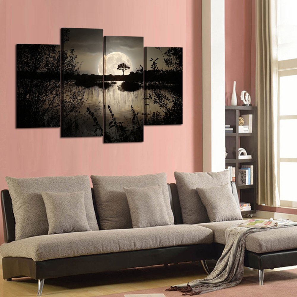 Kreative Arts - 4 Pieces Canvas Prints Wall Art Big Moon Over Lake In Dark Forest Modern Canvas Painting Landscape Picture Peace